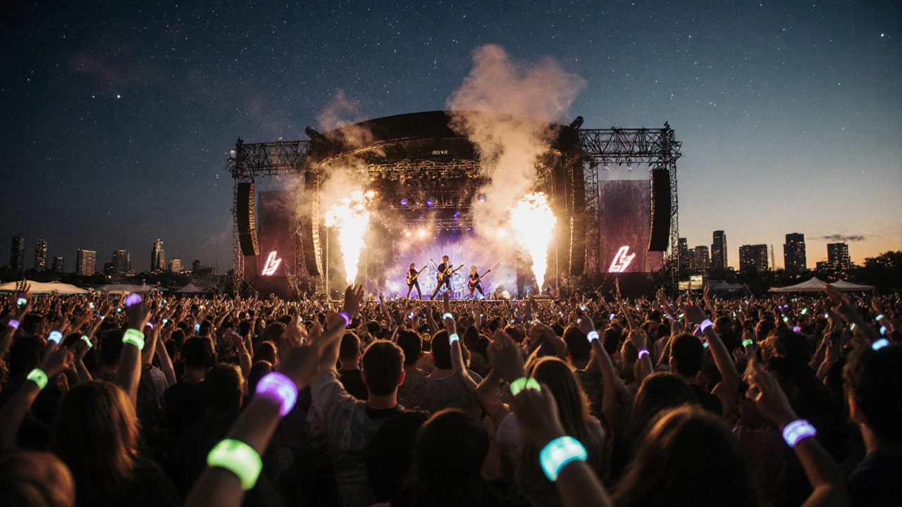 Festival crowd at night waving glowing wristbands under stage lights and lasers.