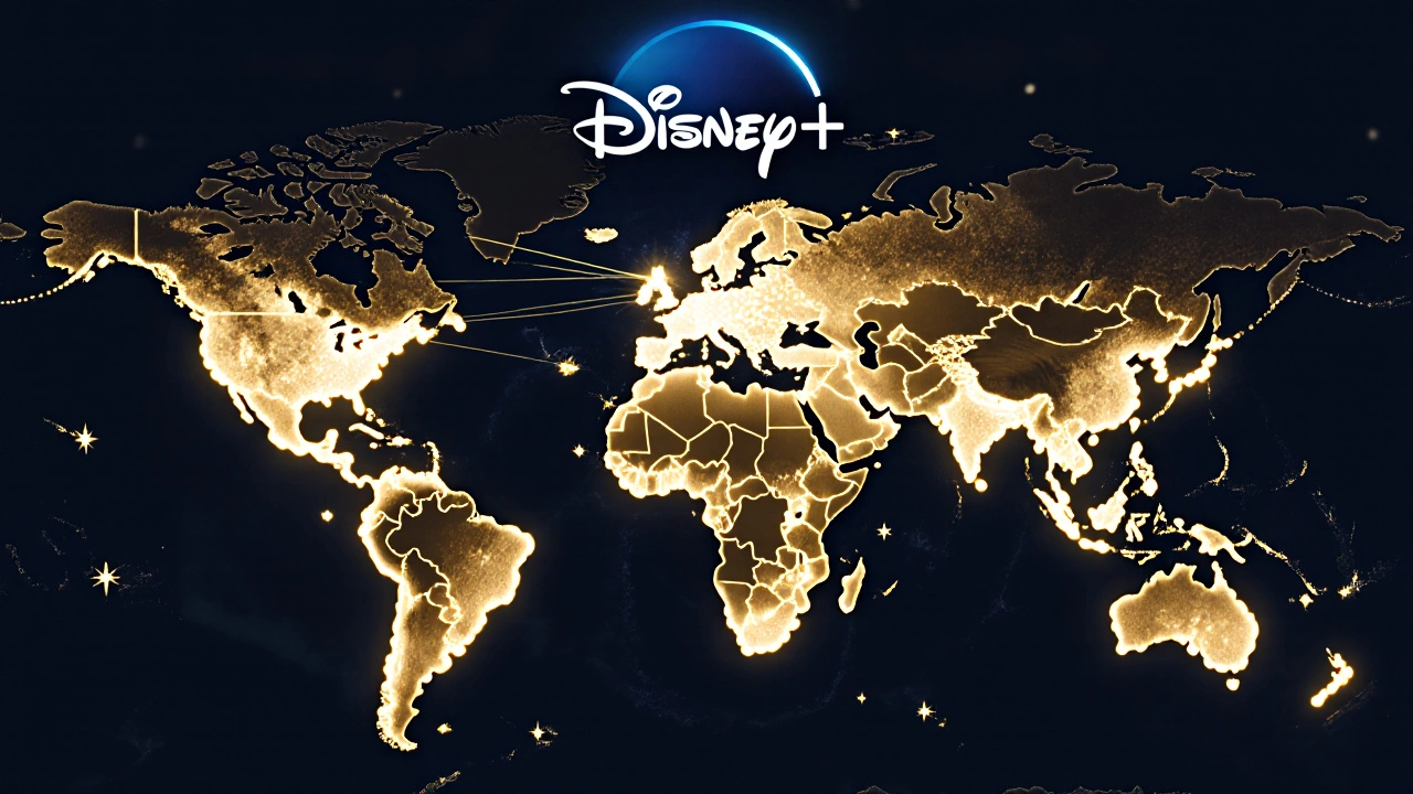 Global map with glowing connections to Disney+ logo, representing fans worldwide watching the concert film.