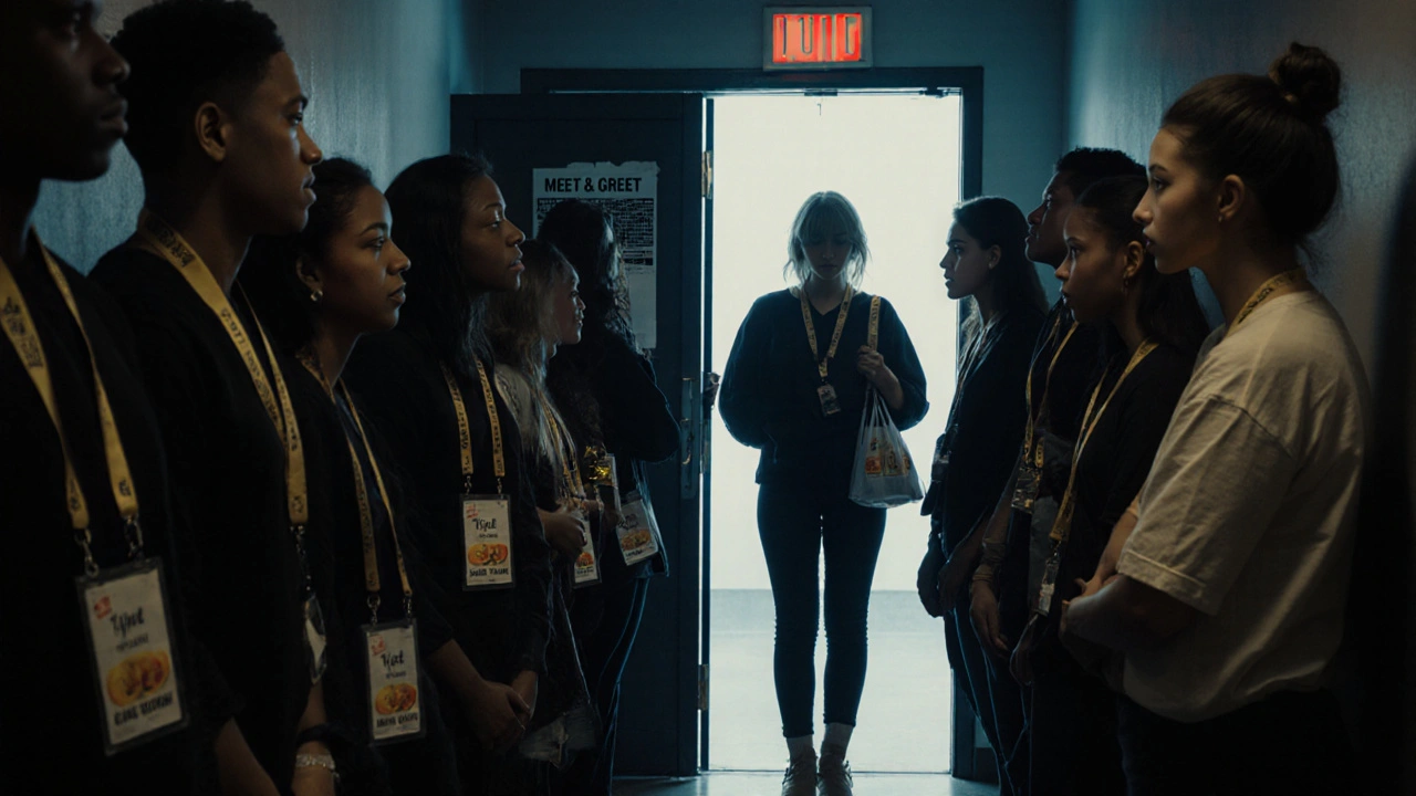 Group of fans waiting in a backstage corridor for a meet-and-greet with Taylor Swift.