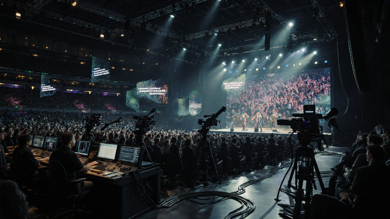 High-end concert livestream with multiple robotic cameras and control room under dramatic stage lights.