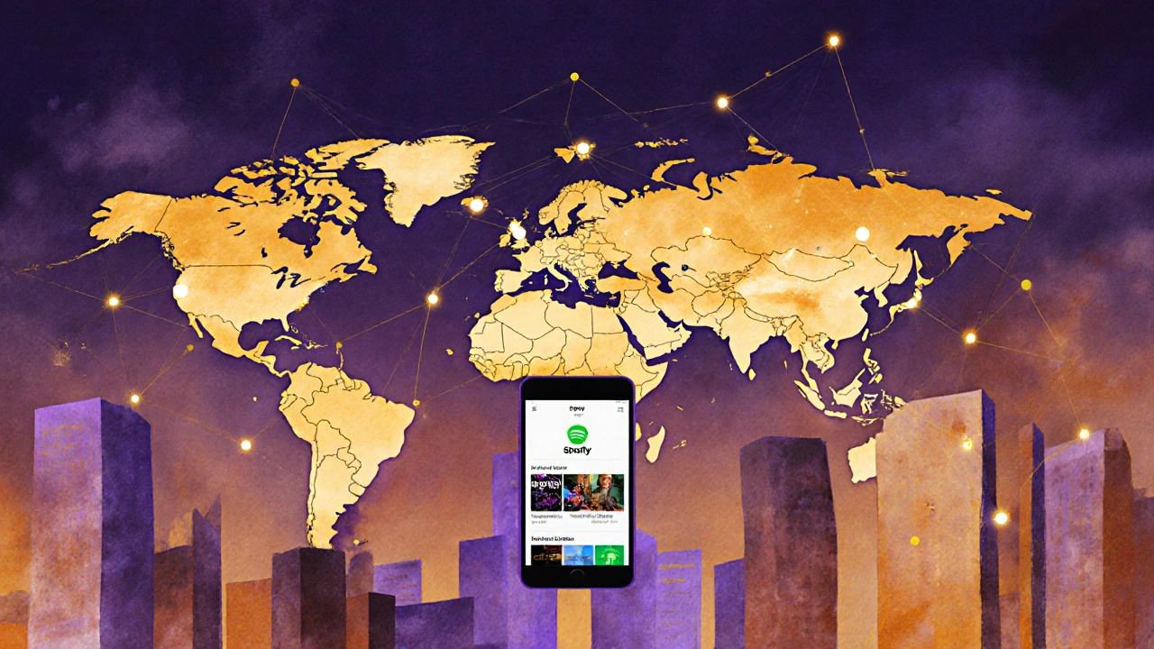 Map with glowing concert locations connected to a phone showing Spotify&#039;s Live Events.