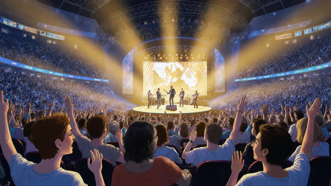 Mid-level audience enjoying a full view of the stage, lighting, and performers in balanced harmony.