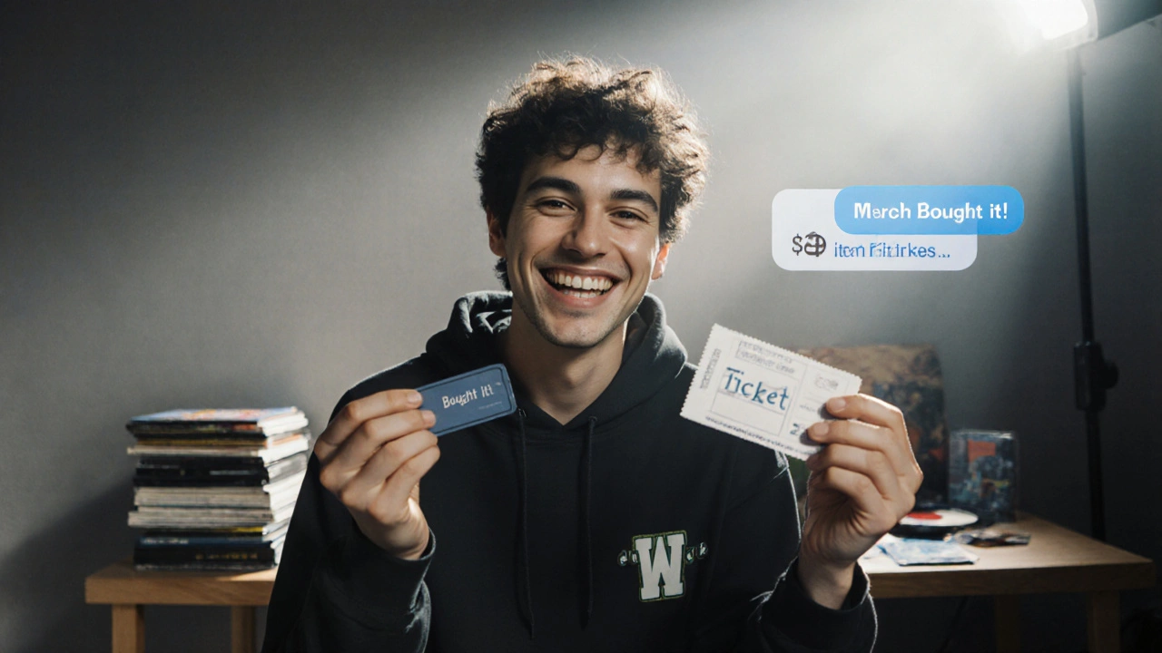 Musician holding a ticket and merch item during a live stream, personalized fan messages visible.