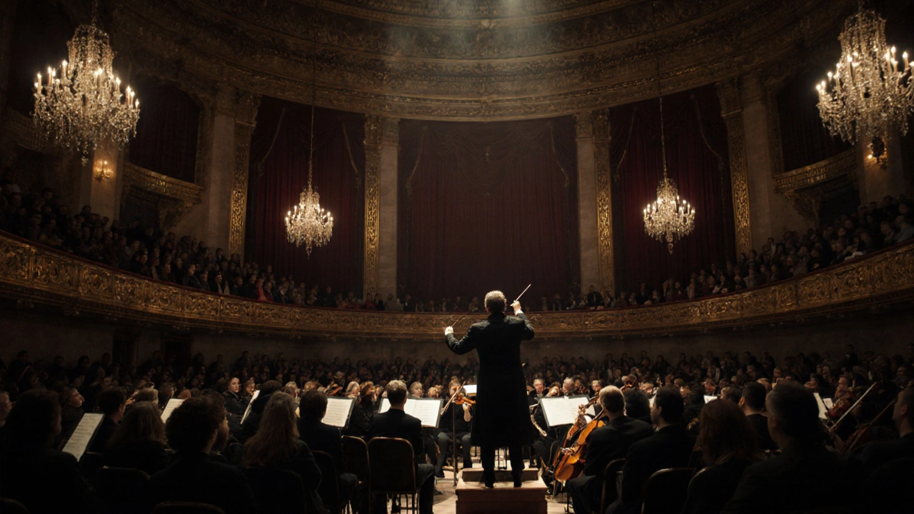 Orchestra performing in a grand hall, conductor raising baton under chandeliers.