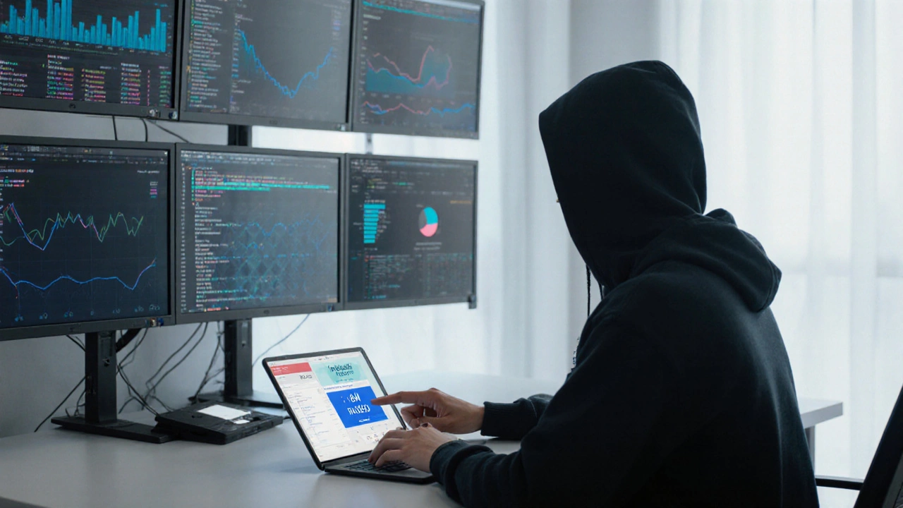 Person verifying identity for a token sale, with live usage metrics and GitHub activity visible on monitors.
