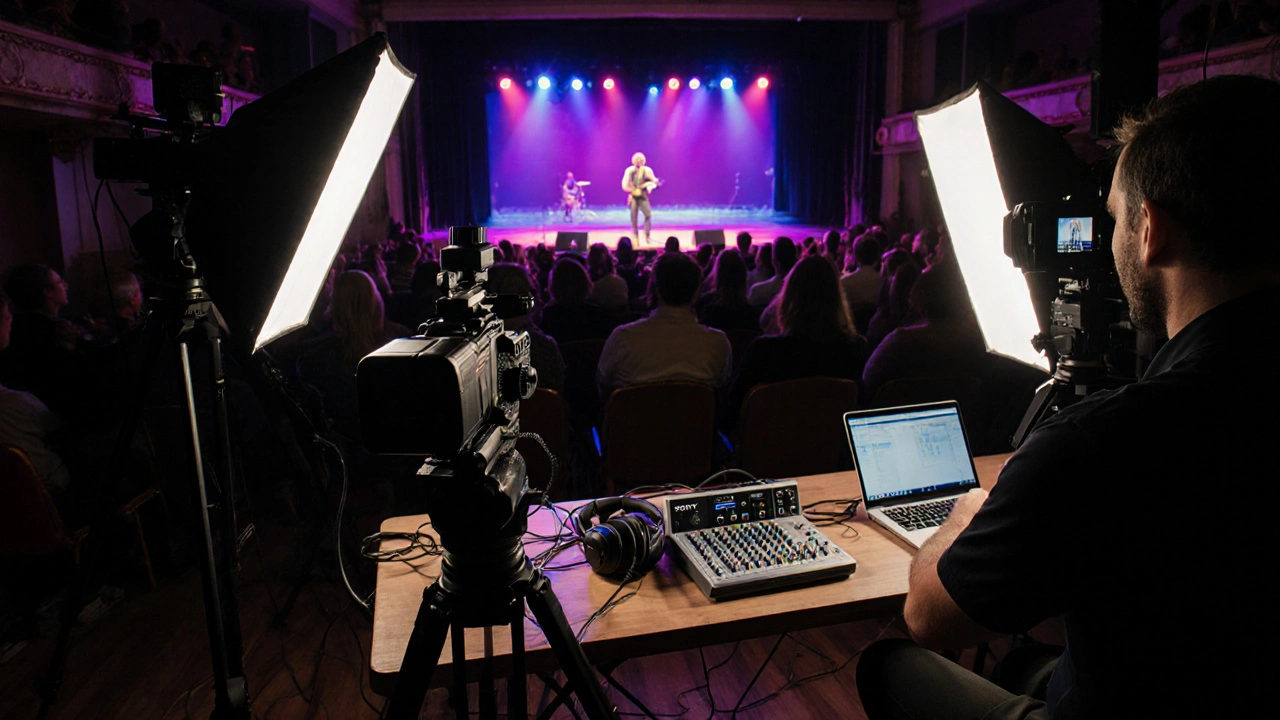 Professional livestream setup with two cameras, audio mixer, and LED lighting in a small theater.