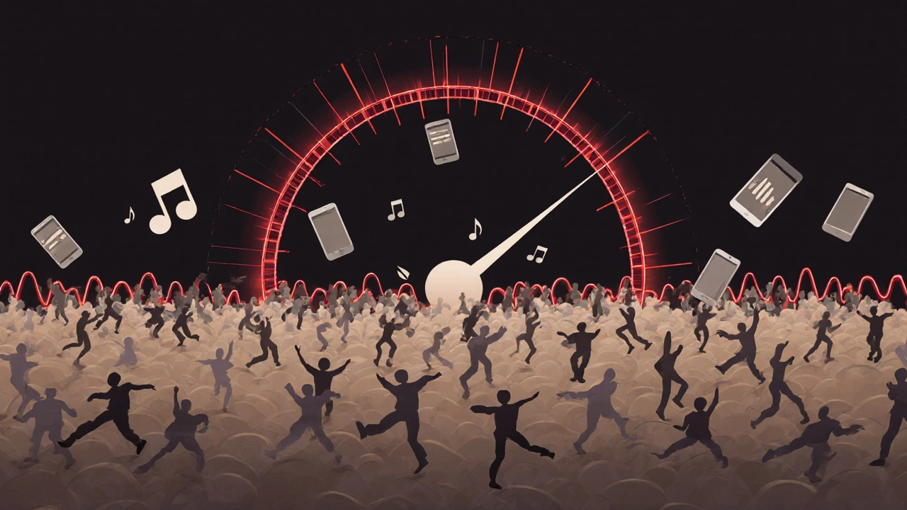 Seismograph recording crowd movement as waves of energy rise from a stadium floor.