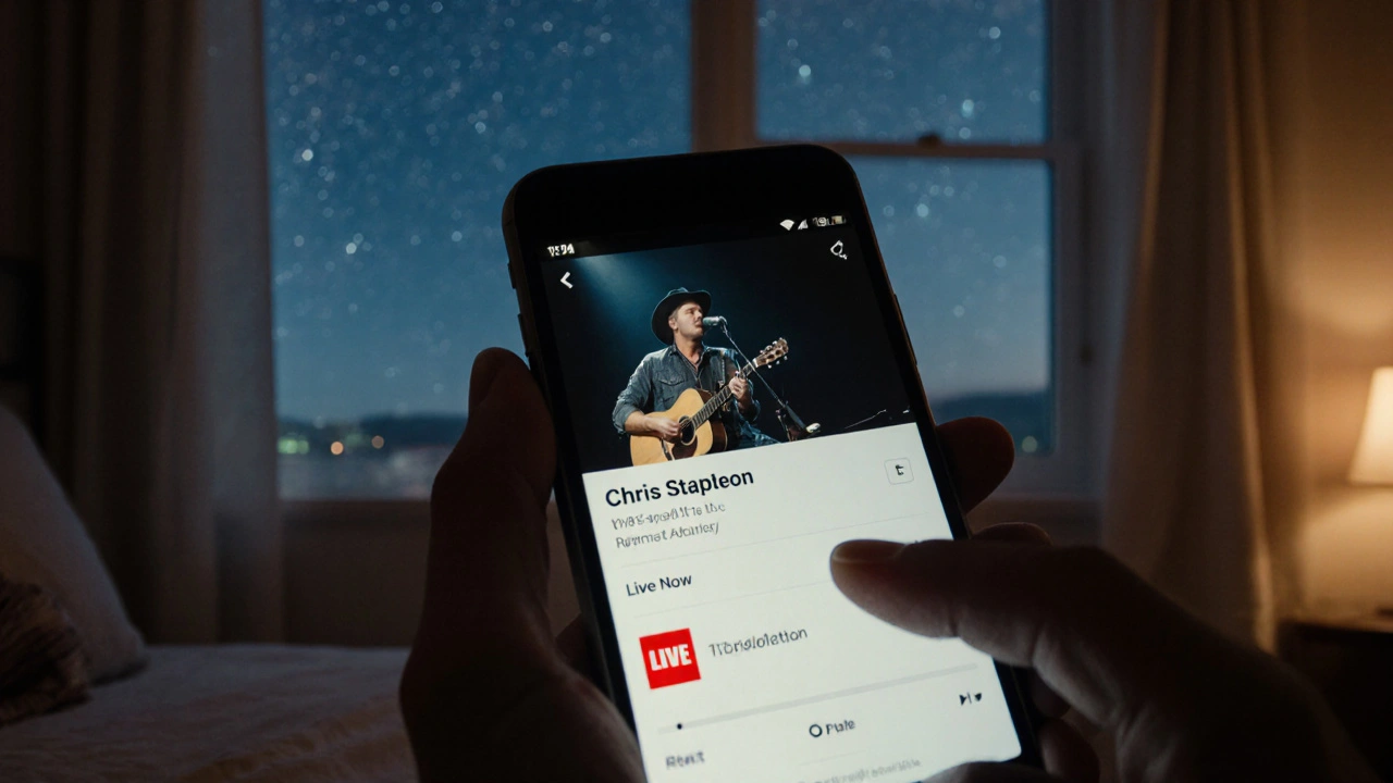 Smartphone screen displaying Peacock&#039;s live concert banner with notifications enabled.