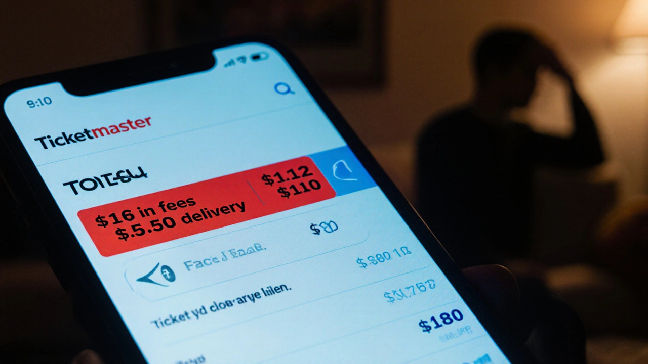 Smartphone screen showing concert ticket with hidden fees adding up to 20% more than face value.