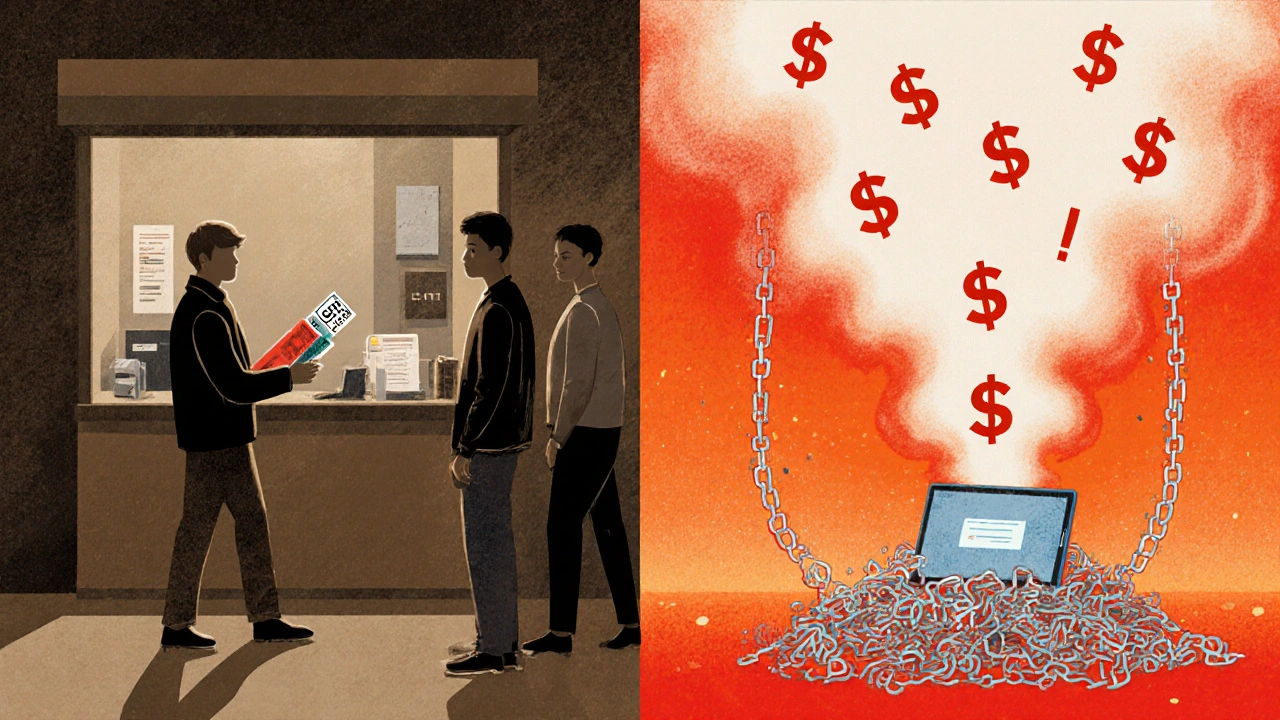 Split image comparing in-person ticket purchase with online fees rising like smoke.