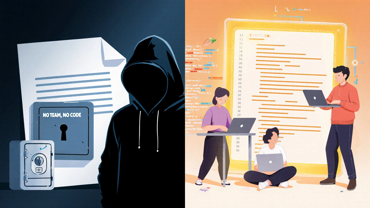 Split image: left shows anonymous project with blank whitepaper, right shows developers coding with live blockchain app.