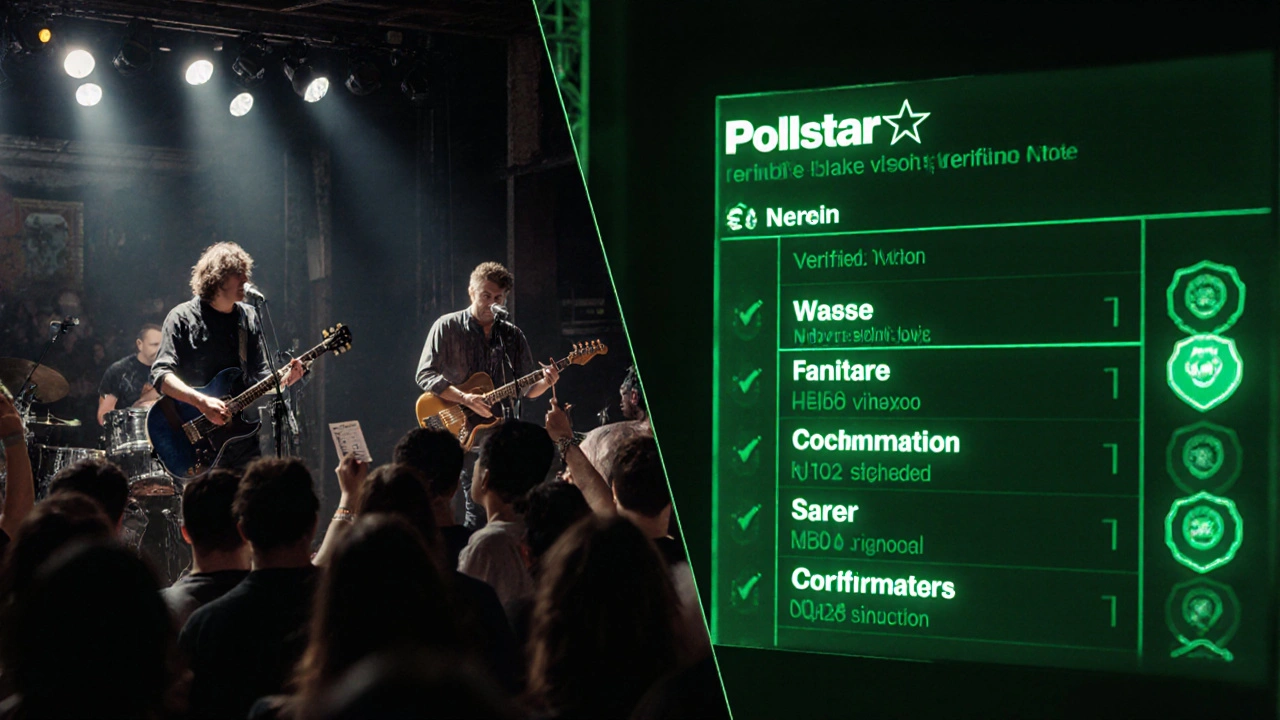 Split image: live band performance and same show appearing as verified entry on digital database.