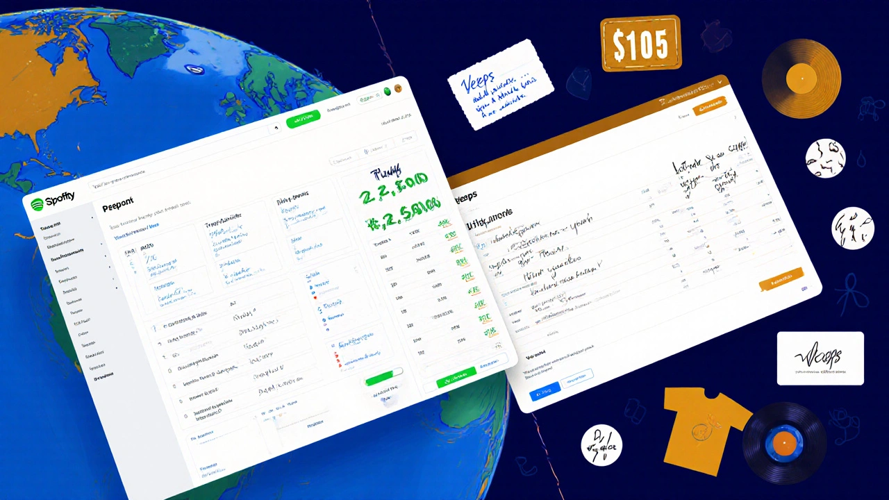 Split-screen comparison: 25,000 Spotify streams vs 10 ticket sales earning the same 0.
