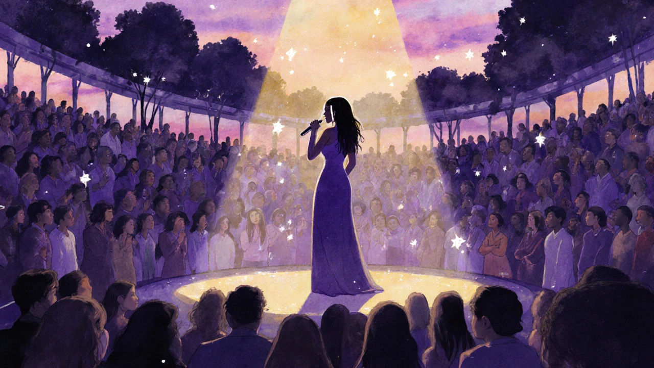 SZA pausing during a sunset concert, speaking to the crowd with fireflies swirling around her in a dreamy, emotional moment.