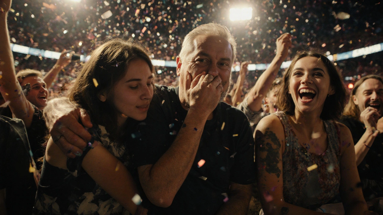 Three fans embracing in joy during a concert, illuminated by stage lights with confetti falling.