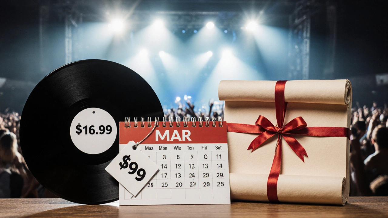 Three payment options for nugs.net displayed as physical objects on a wooden table.