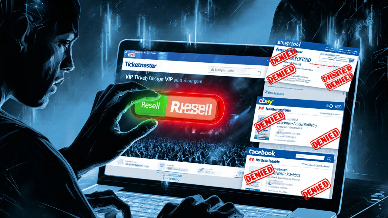 Ticketmaster event page with official Resell button glowing while illegal resale attempts fail