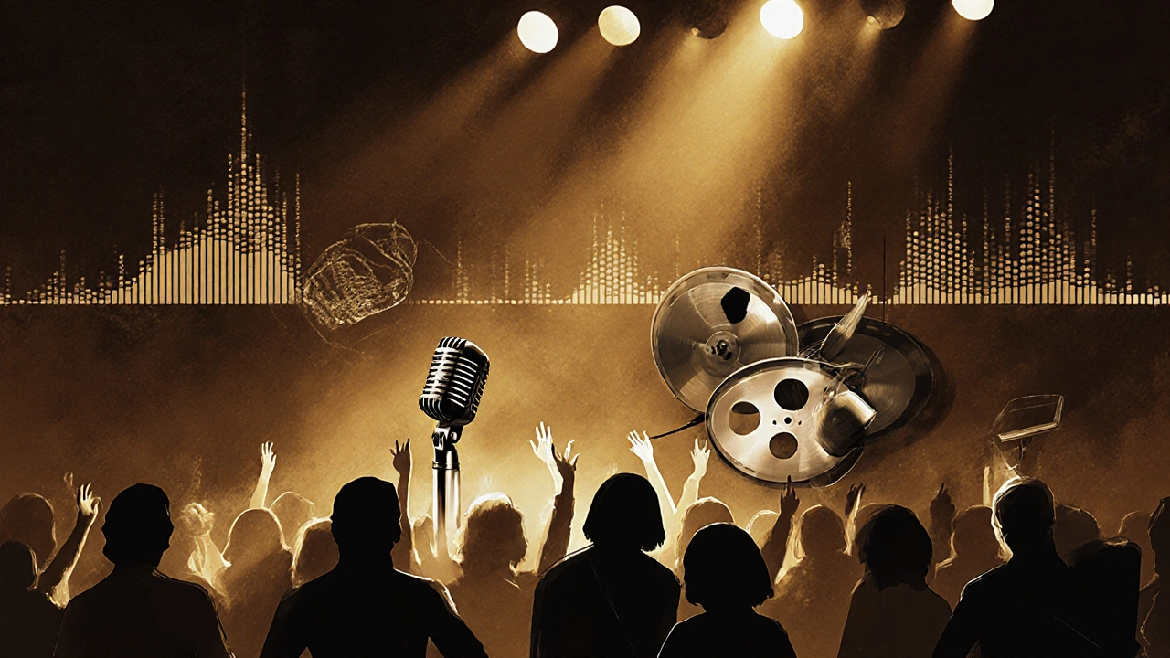 Vintage concert audio equipment with glowing waveforms representing a Spotify live album.