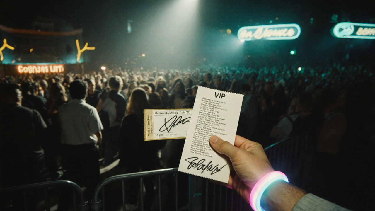 VIP concertgoer receiving a light-up wristband and signed lyric sheet during early entry at a live show.