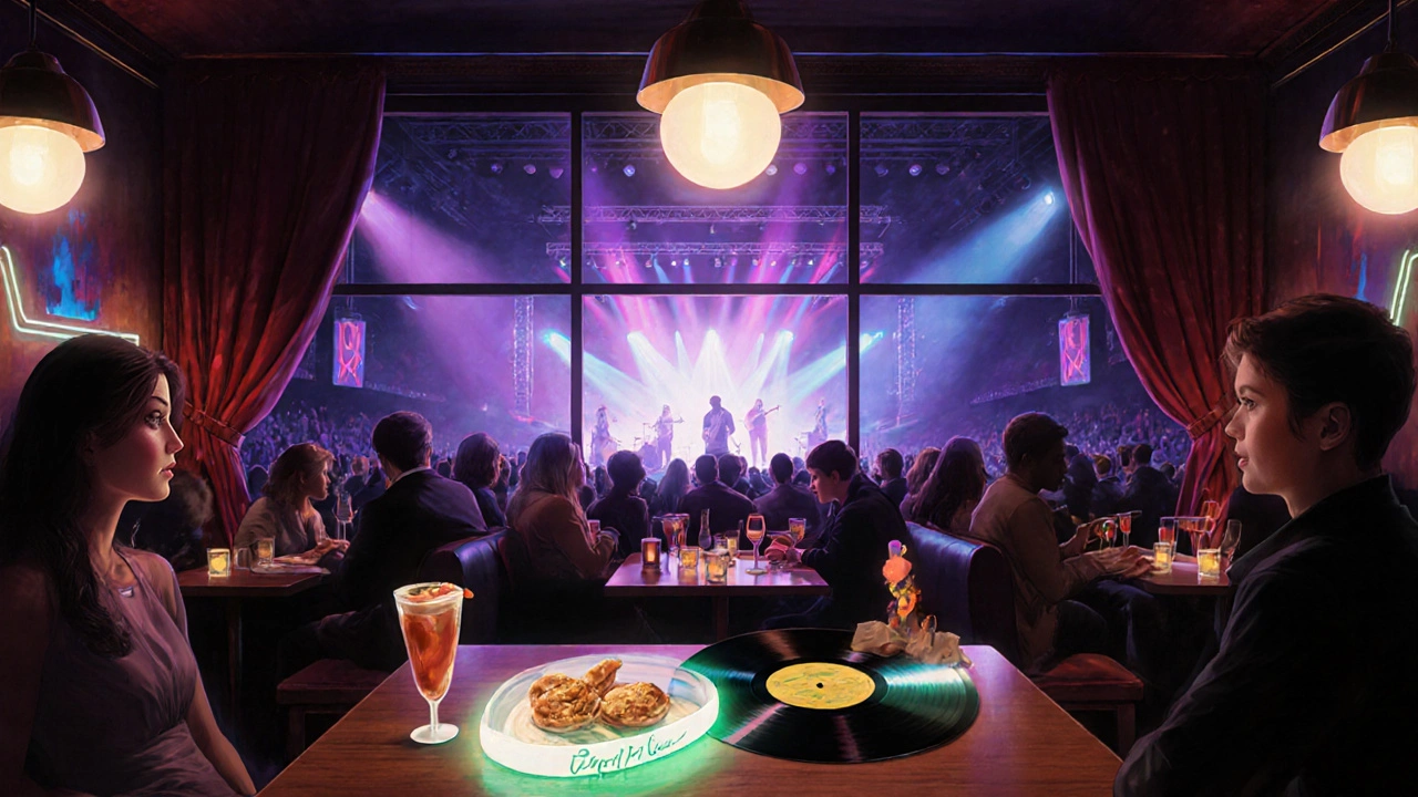 VIP lounge with guests enjoying food and drinks before the show begins.