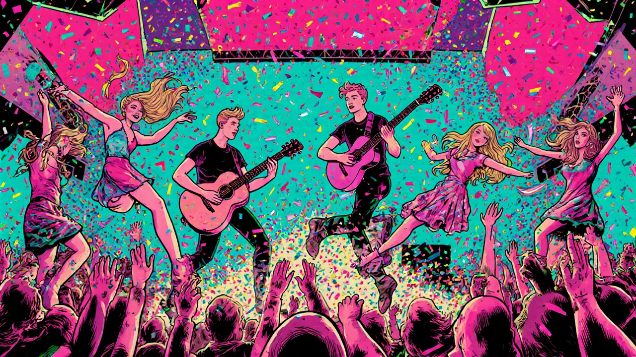 Wet Leg switching instruments on a vibrant festival stage amid exploding confetti and dancing performers in surreal costumes.