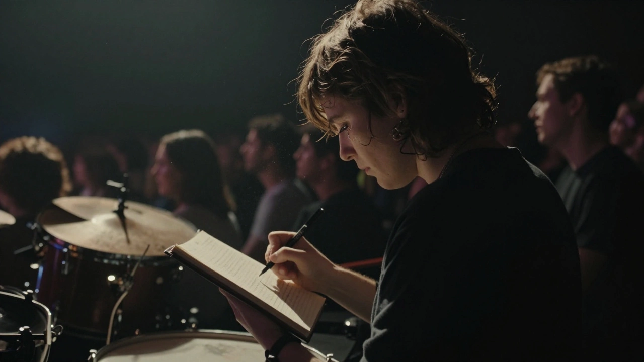 A lone concertgoer writes in a notebook as the first drumbeat begins, tears in their eyes under a soft spotlight.