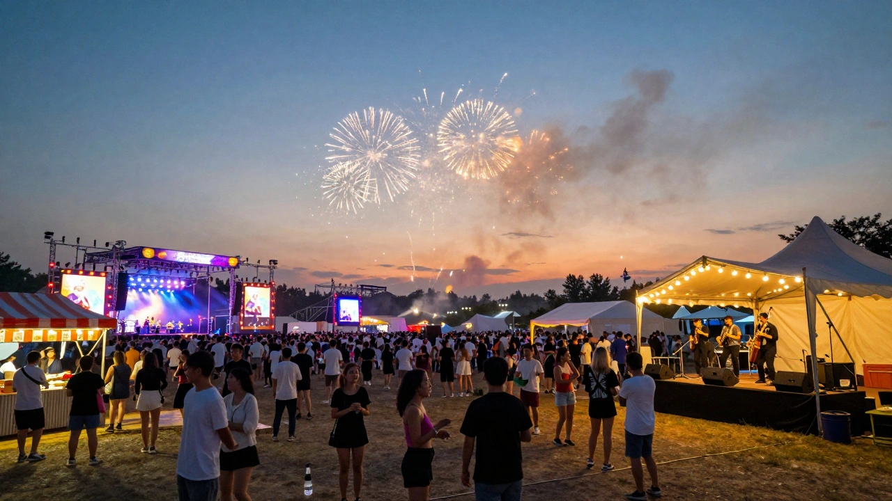 A music festival at dusk with multiple stages, crowds, and fireworks in the background.