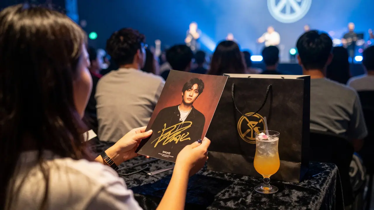 A musician handing a signed poster to a fan during a VIP meet-and-greet.