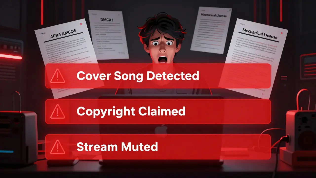 A musician watches a live stream being flagged for copyright violations on screen.
