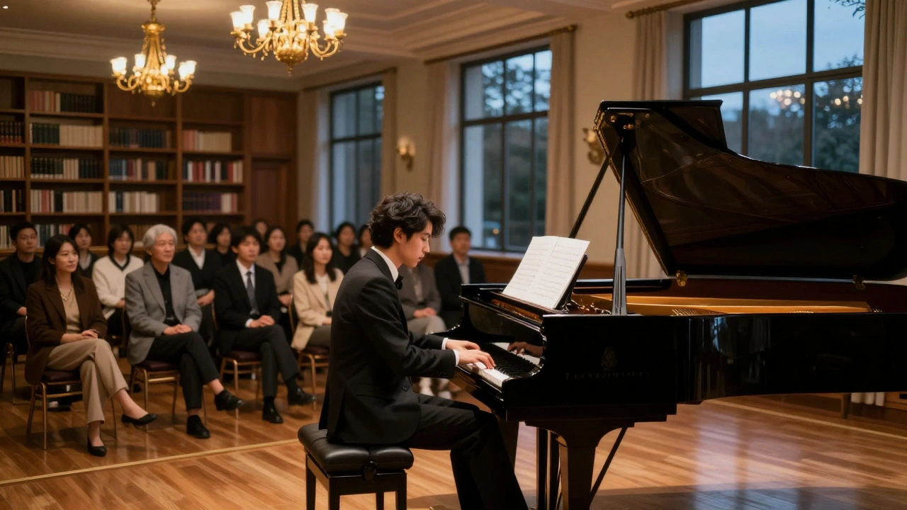 A pianist playing a classical recital in a quiet hall with soft lighting and attentive listeners.