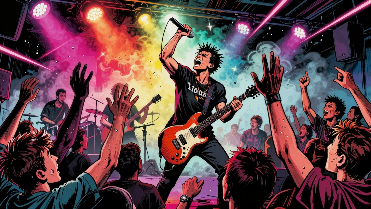 A punk band launching into a song as the crowd erupts in energy and motion.
