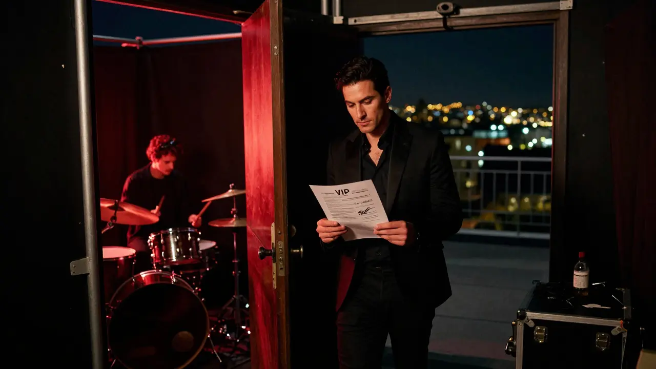 A VIP host moving through backstage corridors with a signed setlist, near a drum kit under red lights.