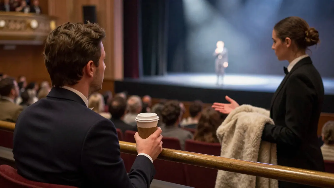A VIP host noticing a guest's quiet moment, offering coffee and a blanket before the show.