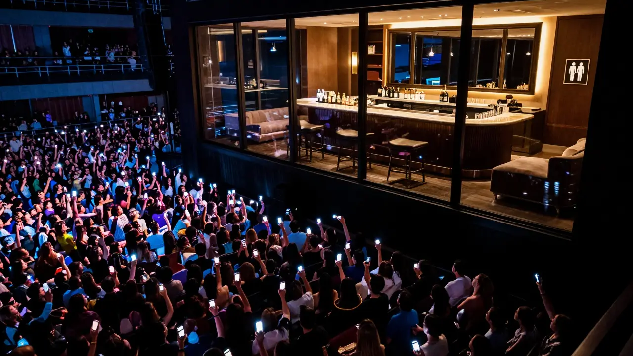 Aerial view showing the peaceful VIP suite above a chaotic crowd at a live concert.