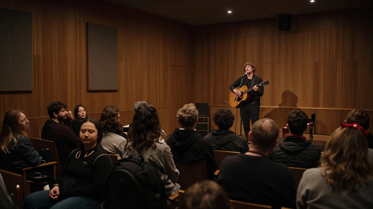 An intimate listening room with a folk singer performing under soft lights, audience seated in quiet focus.