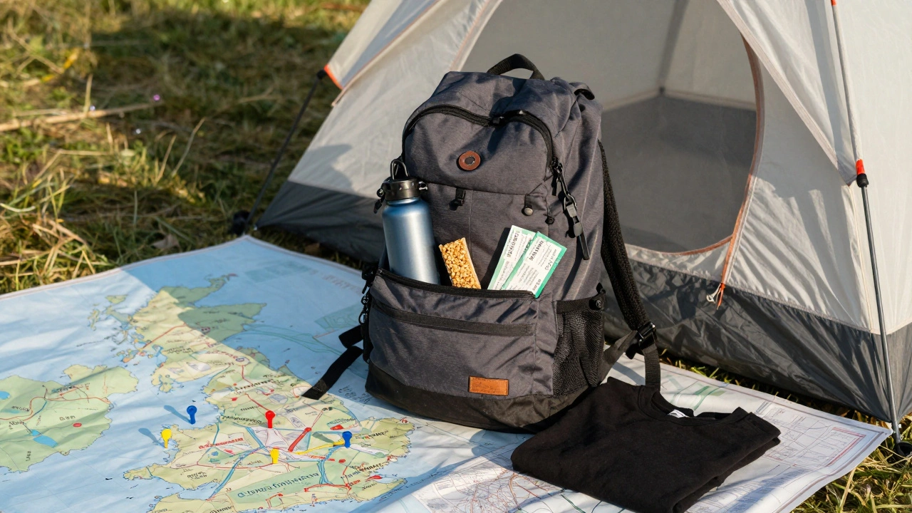 Backpack with festival essentials on a UK map, showing travel options from big festivals to free local events.