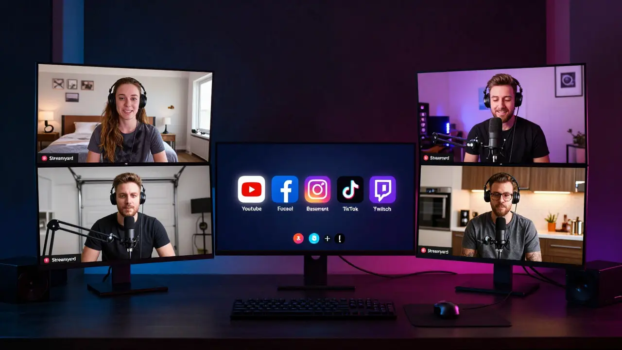 Band members in different rooms streaming a professional live concert with branded overlays and multiple platform indicators.