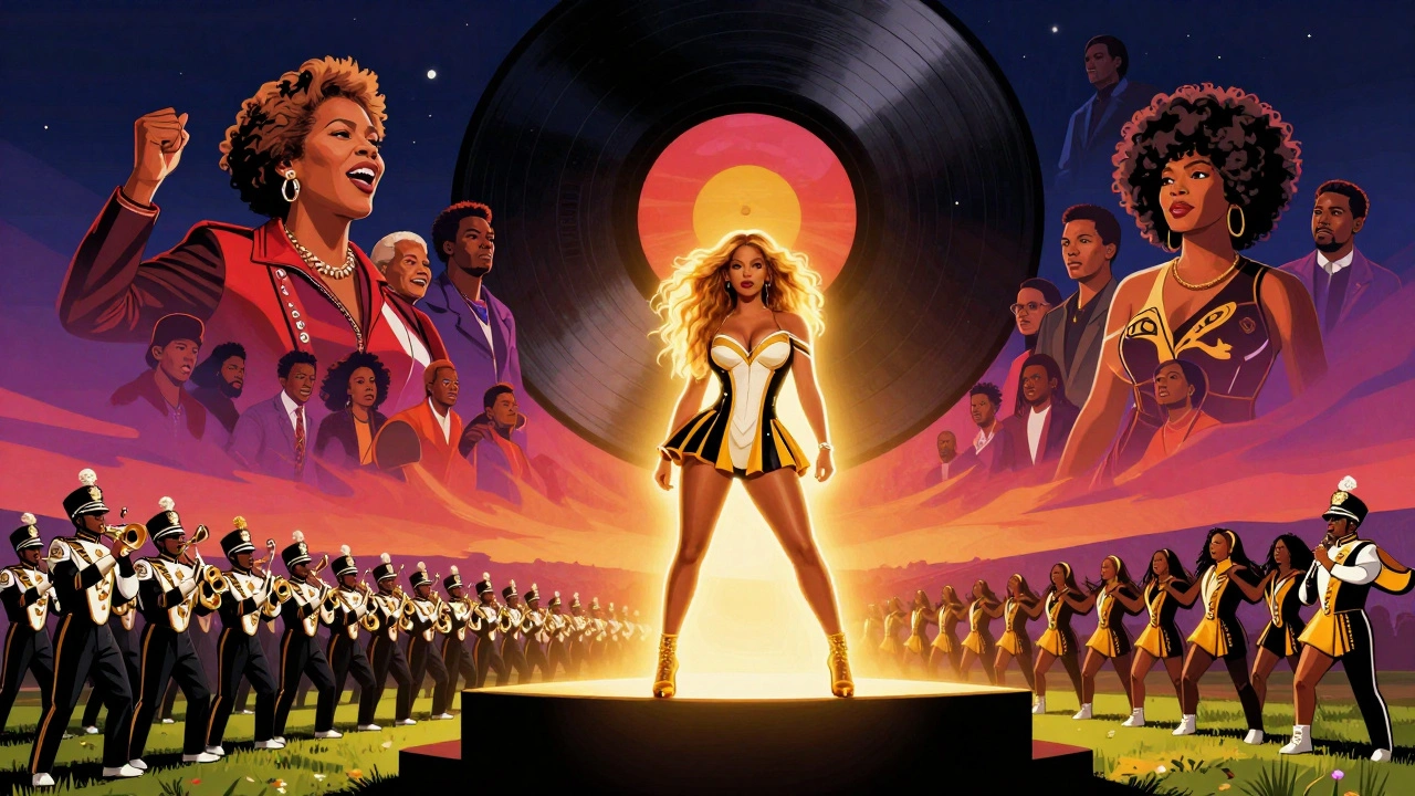 Beyoncé performing at Coachella with marching band and glowing silhouette.