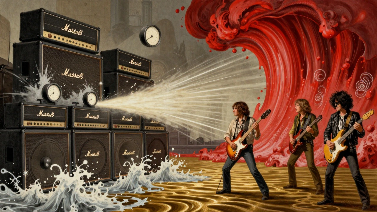 Conceptual split image showing The Who&#039;s overwhelming sound compared to other bands&#039; music styles.