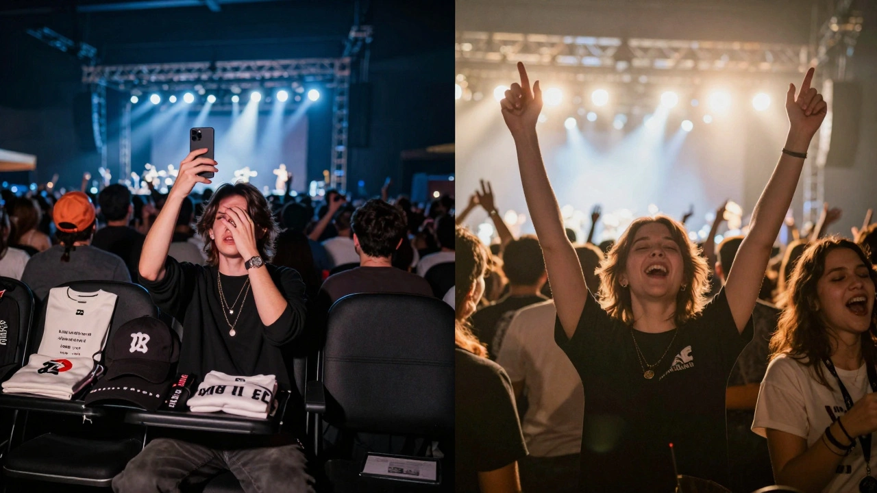 Contrasting concert experiences: stressed VIP attendee vs. joyful general admission fan.