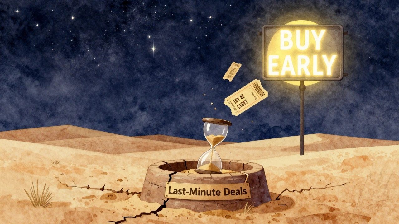 Desert hourglass with sand draining into &#039;Last-Minute Deals&#039; well, concert tickets floating toward &#039;BUY EARLY&#039; sign in sunrise light.