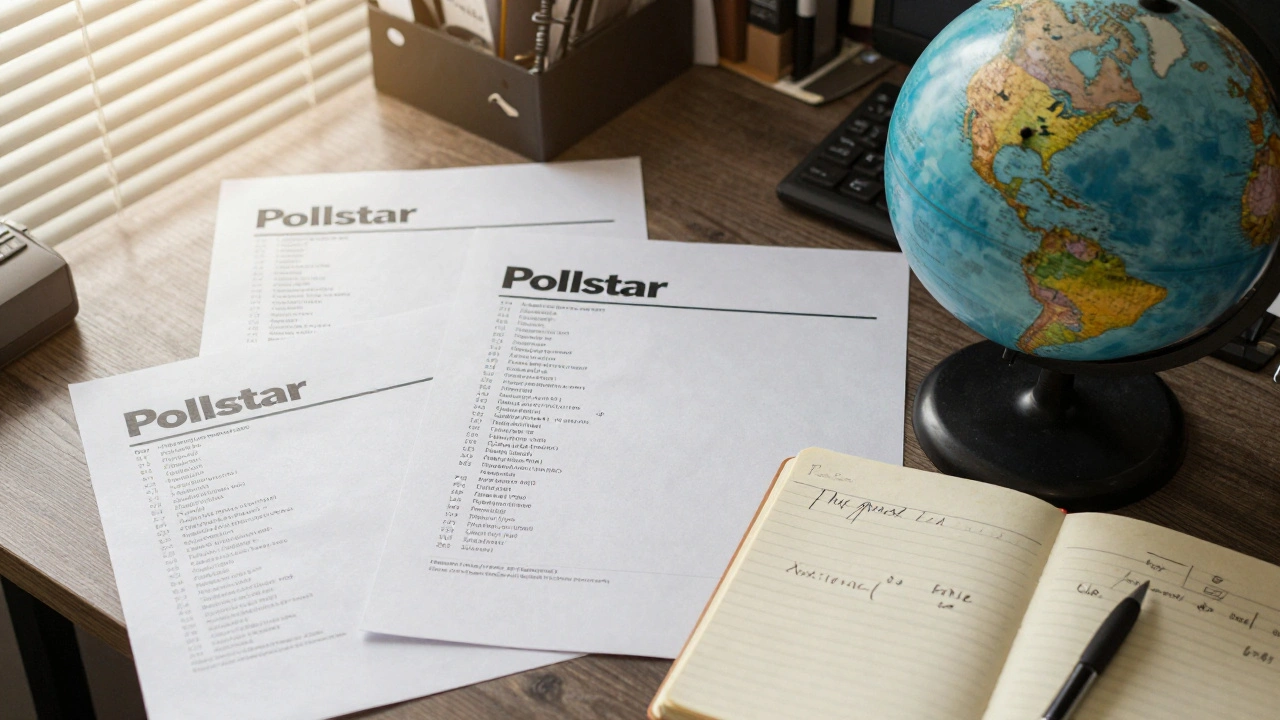 Desk with Pollstar reports, globe with missing tour data in Asia and South America.