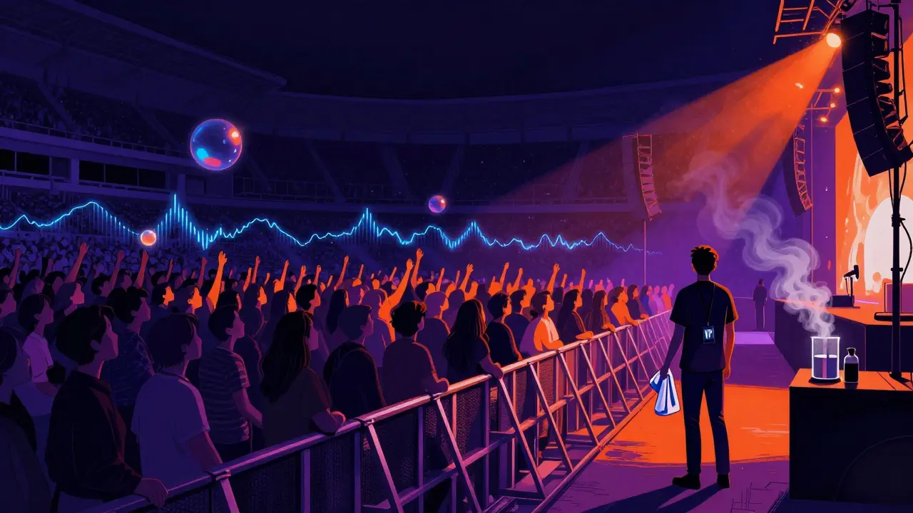 Dreamlike view of VIP pit attendees surrounded by glowing music waves and stage lights.