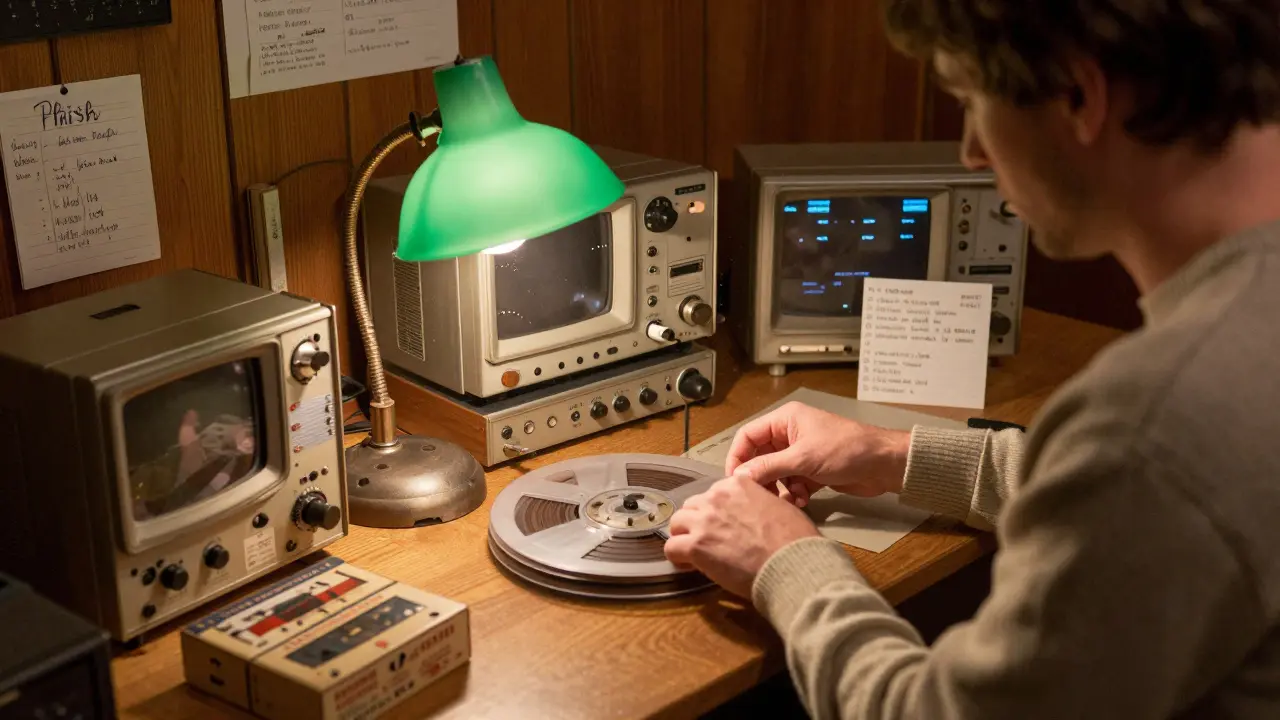 Engineer restoring old concert tapes in a dimly lit studio with analog equipment.