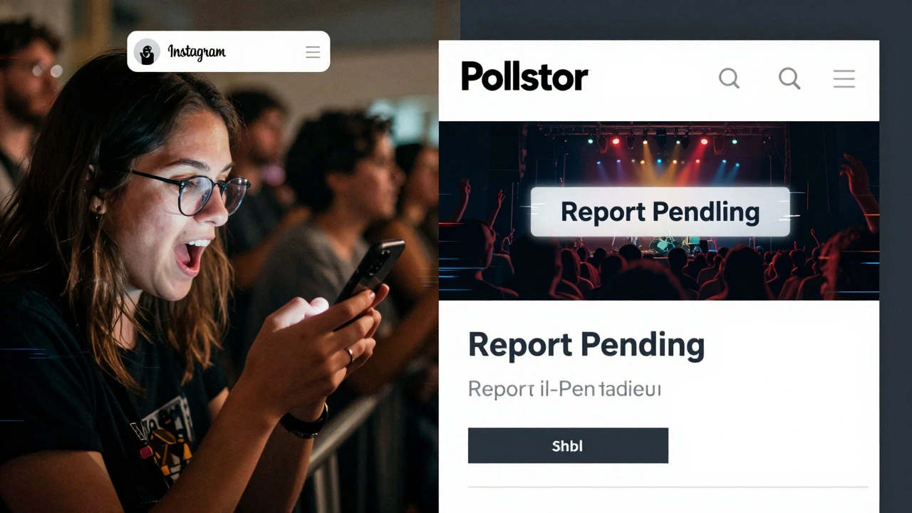 Fan checking phone with live concert announcement next to Pollstar page showing no listing.