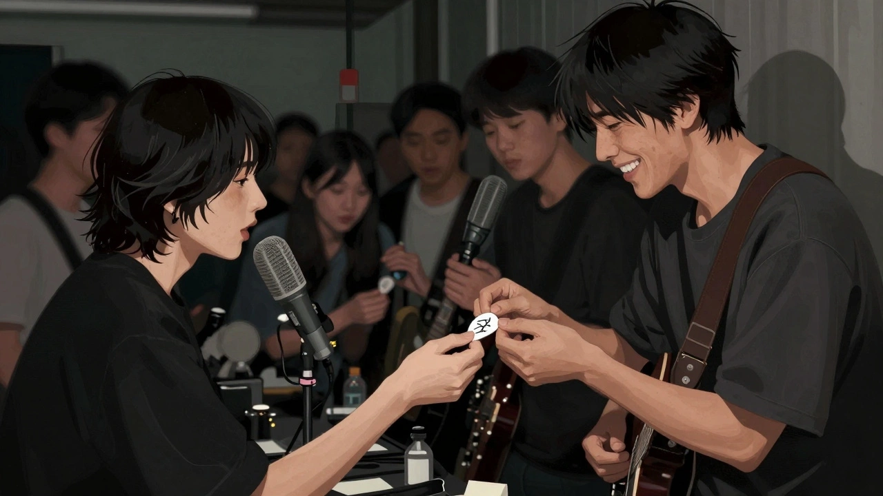 Fan receiving a signed guitar pick from an artist during a brief backstage meet-and-greet.
