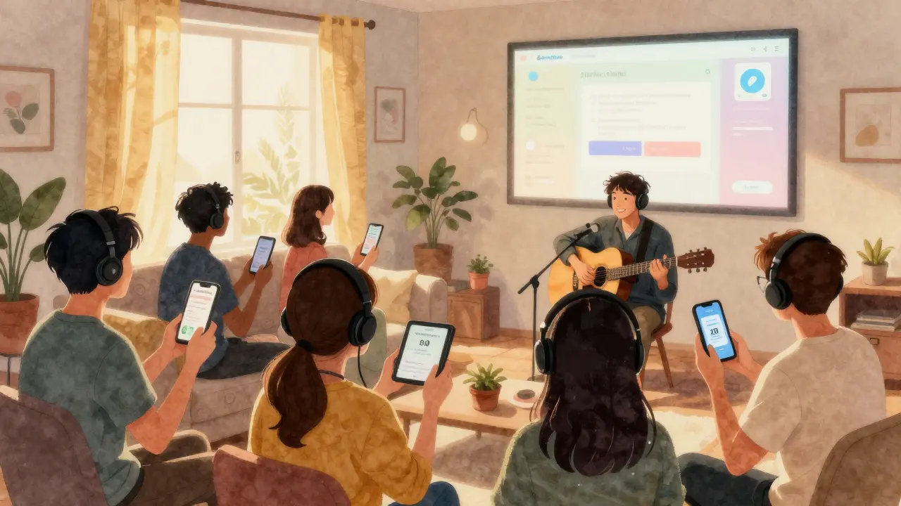 Fans watching a live music stream in a living room, supporting the artist with donations.