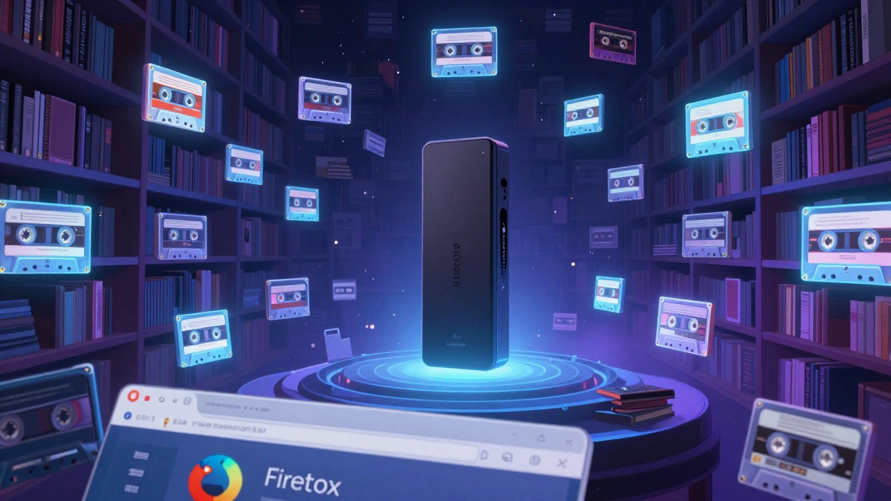 Floating archive of historic concert recordings around a Firestick, glowing tapes and digital files in neon tones.