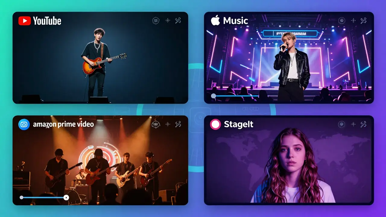 Four live streaming platforms displaying different concert performances on screen.
