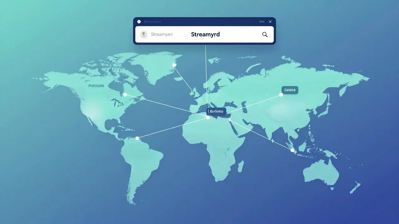 Global map with connected light pulses symbolizing artists streaming live concerts from five continents through a central platform.